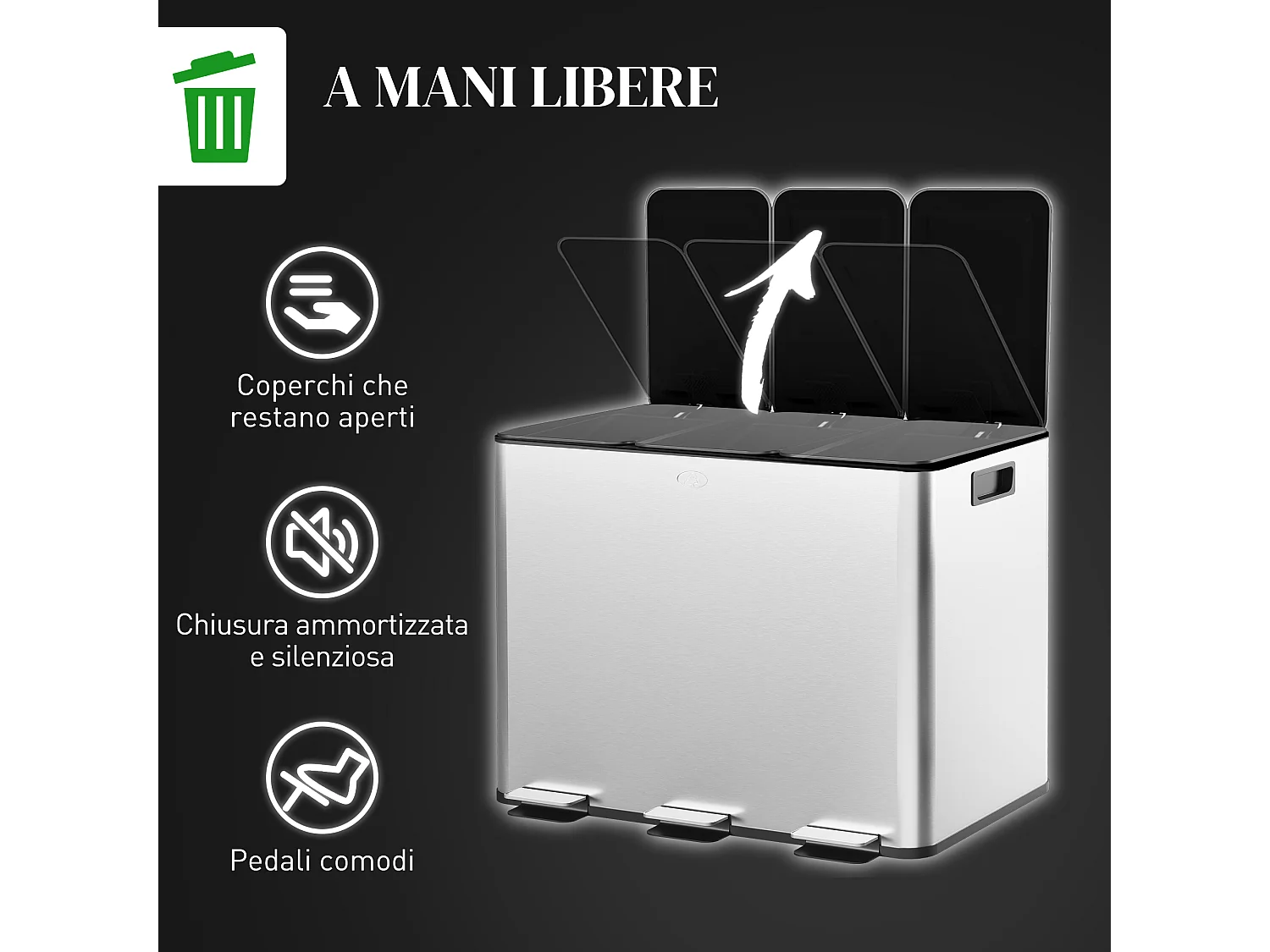 Pattumiera differenziata a pedale 3 scomparti in acciaio inox argento