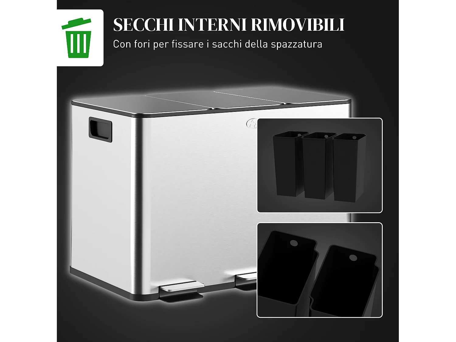 Pattumiera differenziata a pedale 3 scomparti in acciaio inox argento
