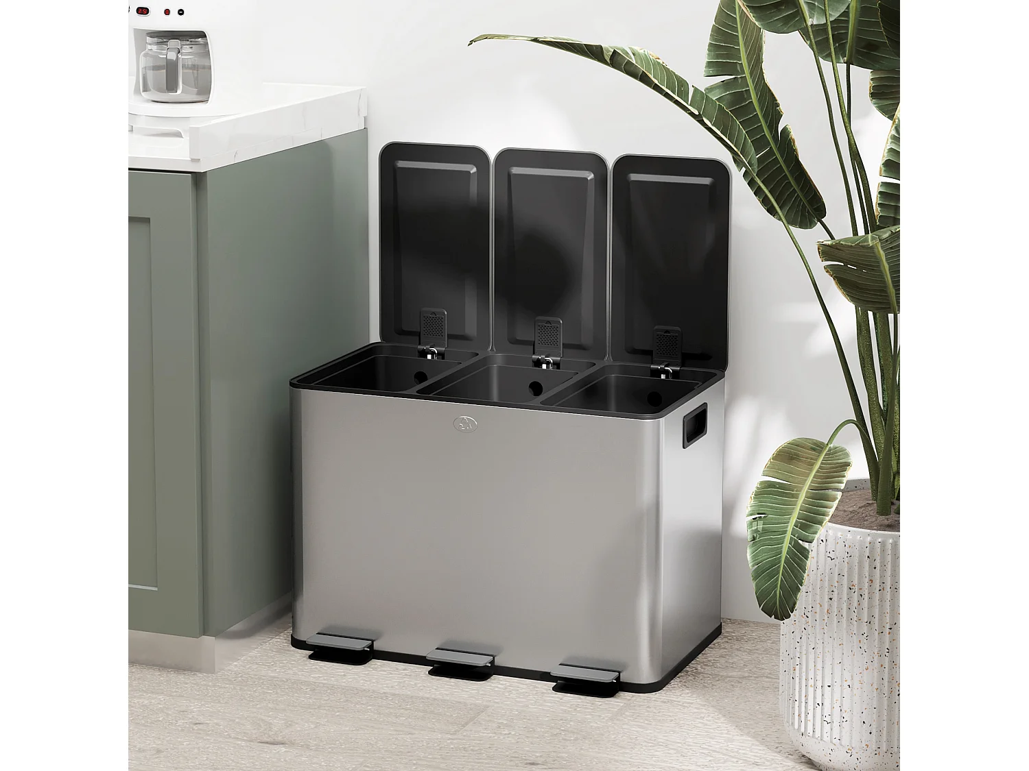 Pattumiera differenziata a pedale 3 scomparti in acciaio inox argento