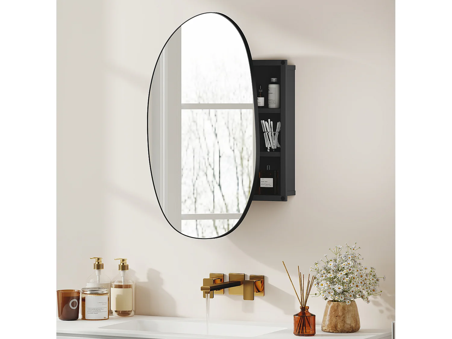 Armadietto con specchio a parete forma irregolare nero