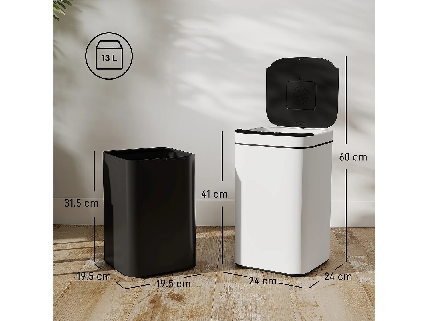 Bidone per immondizia da 13l con sensore in acciaio e pp bianco e nero