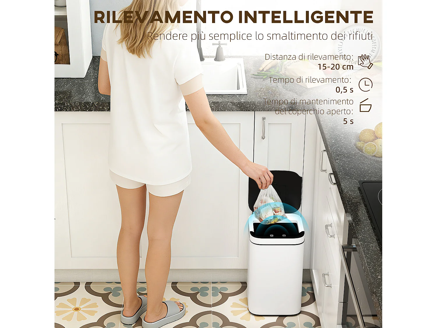 Bidone per immondizia da 13l con sensore in acciaio e pp bianco e nero