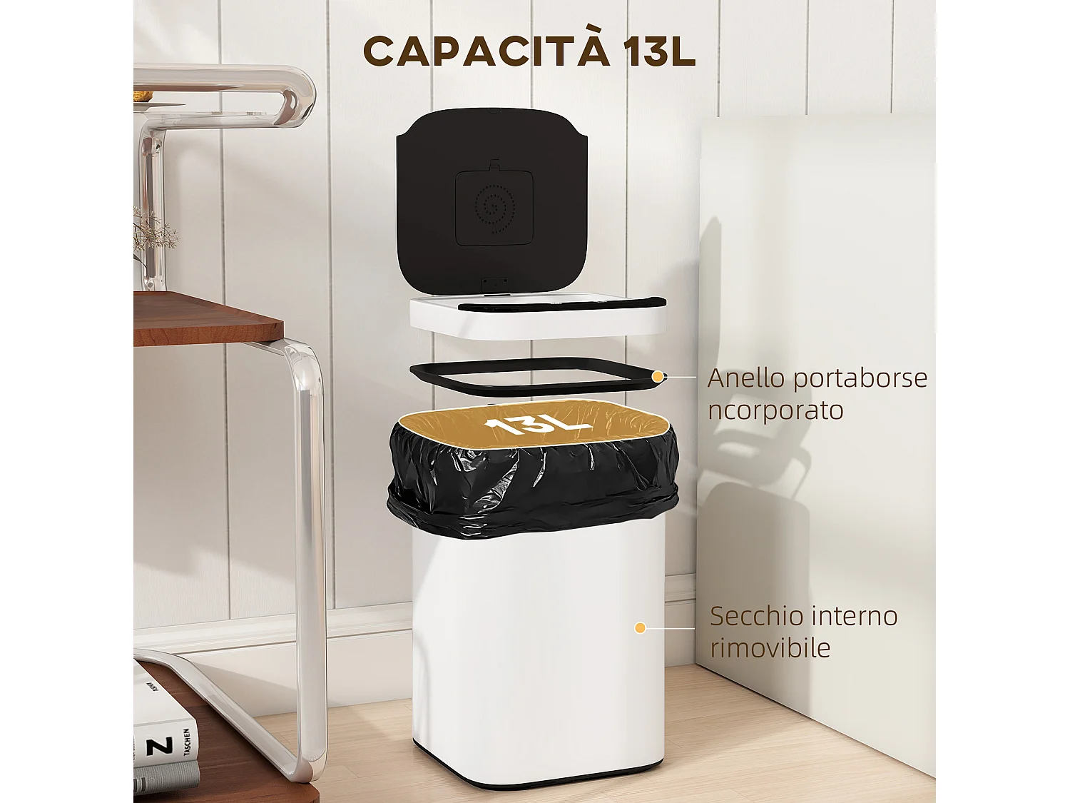 Bidone per immondizia da 13l con sensore in acciaio e pp bianco e nero