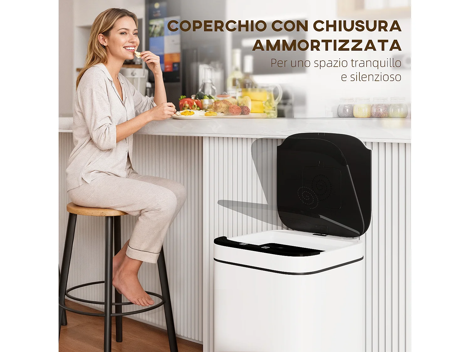 Bidone per immondizia da 13l con sensore in acciaio e pp bianco e nero