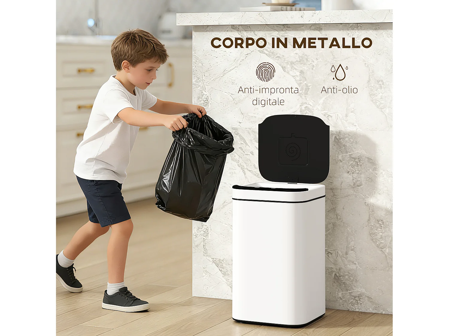 Bidone per immondizia da 13l con sensore in acciaio e pp bianco e nero