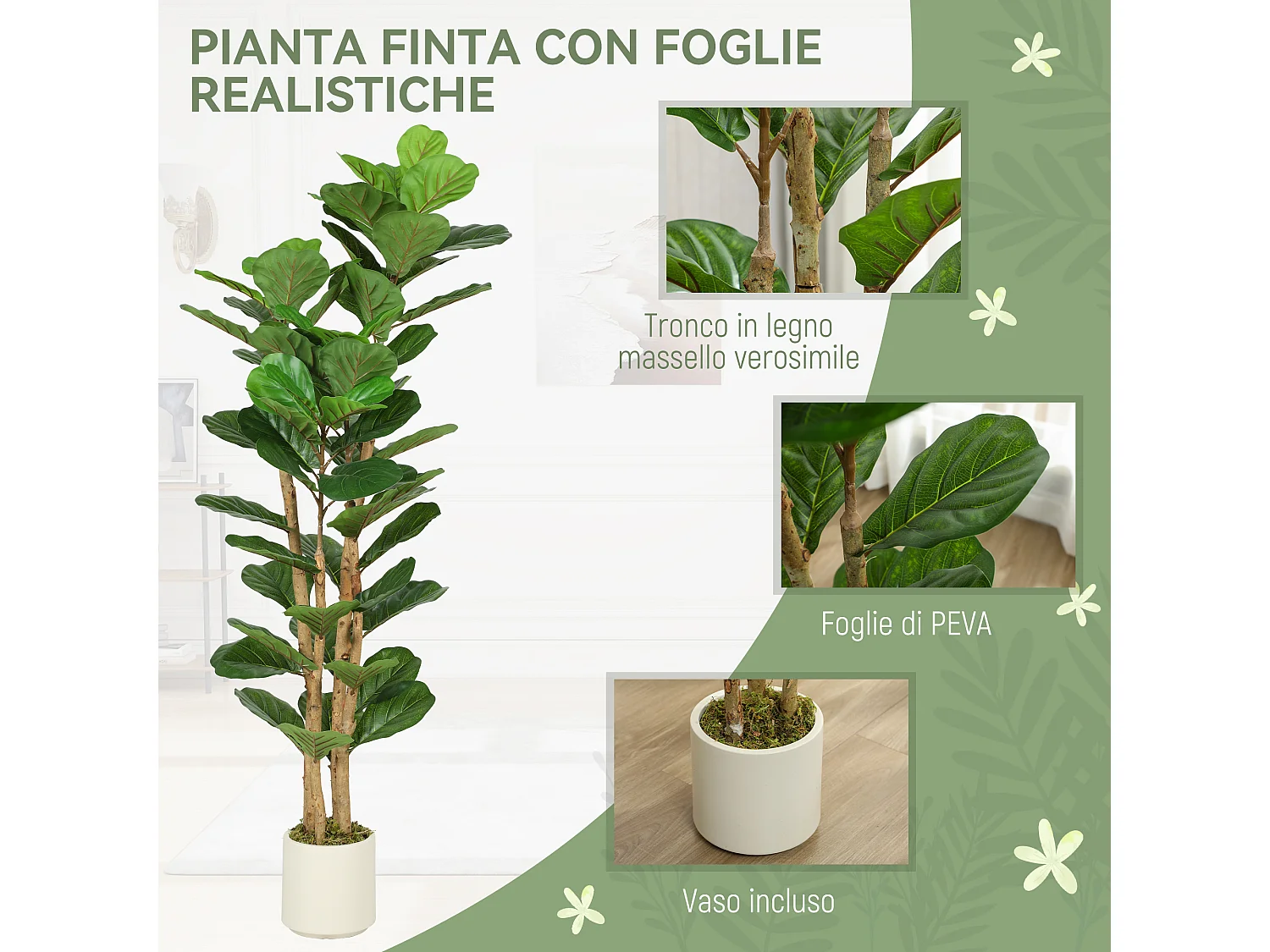 Pianta di fico artificiale in peva e legno 50x50x150 cm verde
