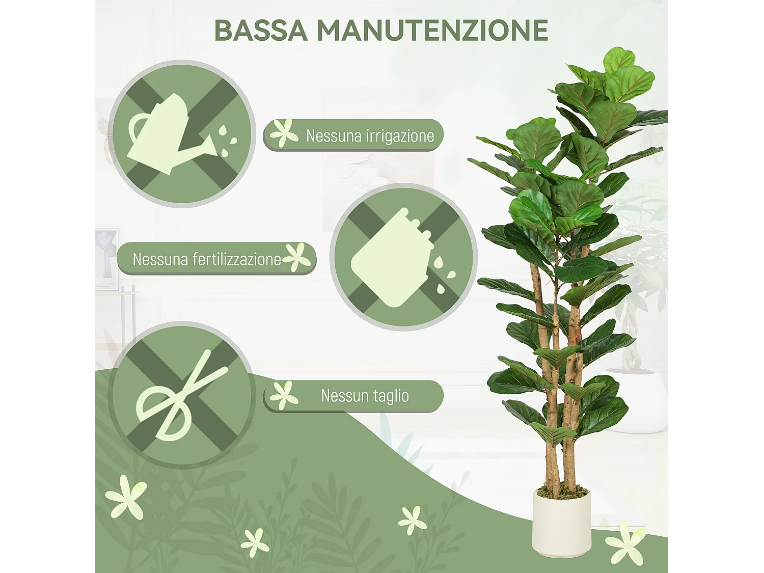 Pianta di fico artificiale in peva e legno 50x50x150 cm verde