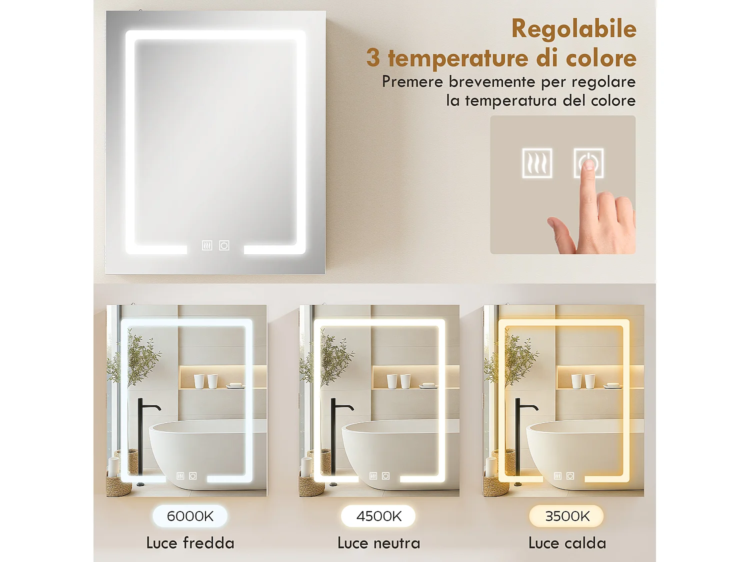 Armadietto bagno con specchio a luce led regolabile e antiappannamento