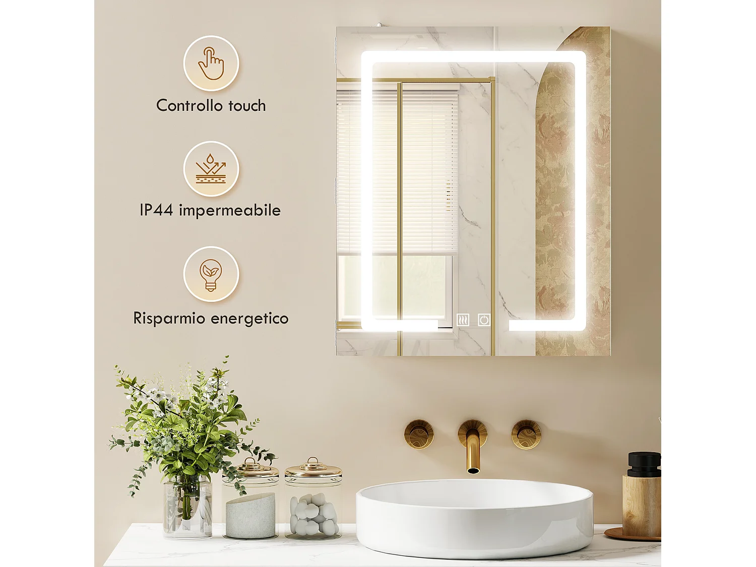 Armadietto bagno con specchio a luce led regolabile e antiappannamento