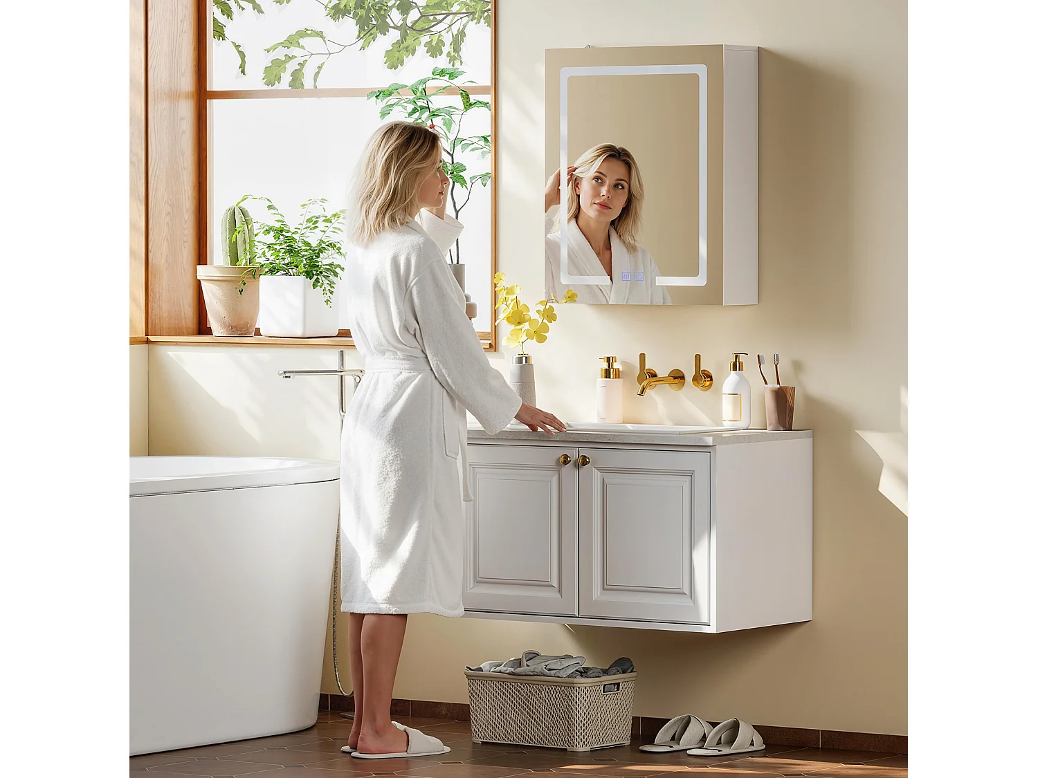 Armadietto bagno con specchio a luce led regolabile e antiappannamento