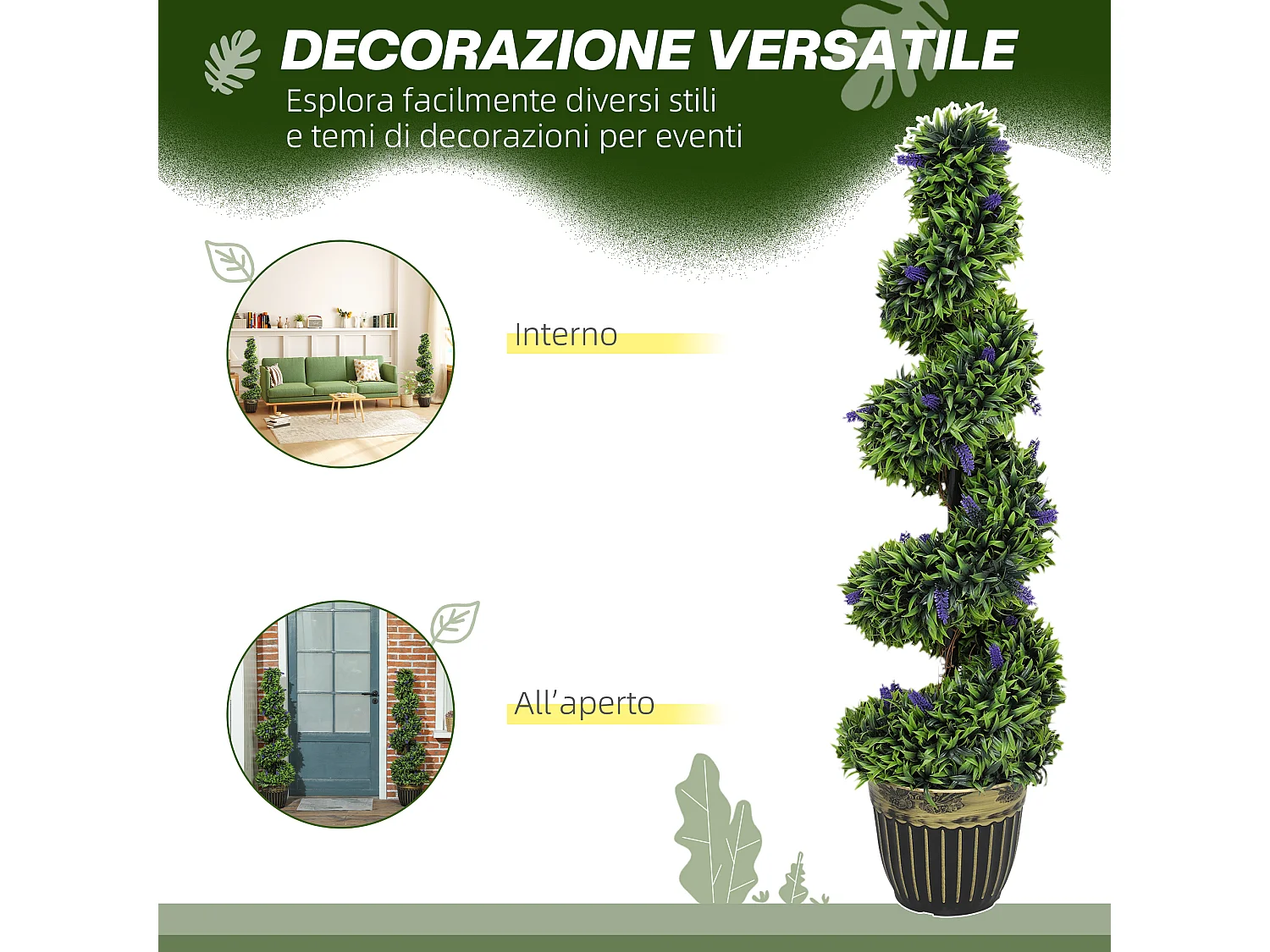 Set 2 piante finte bosso a spirale artificiali verde e blu