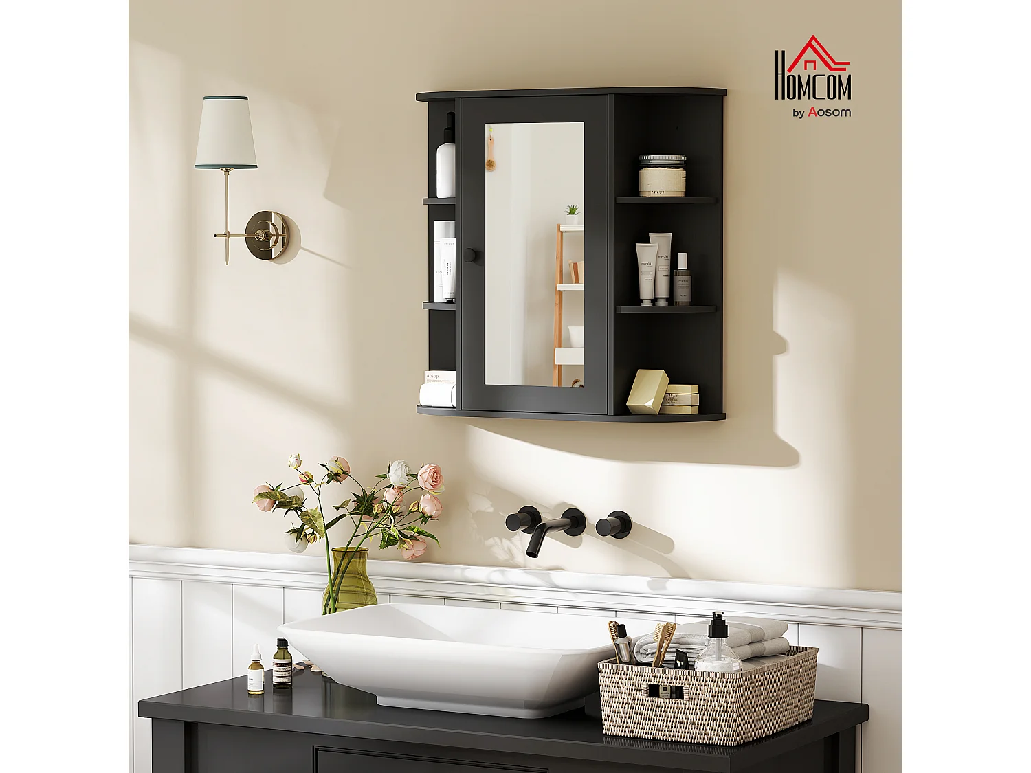 Specchiera bagno a 6 ripiani aperti e 2 chiusi in mdf e vetro nero