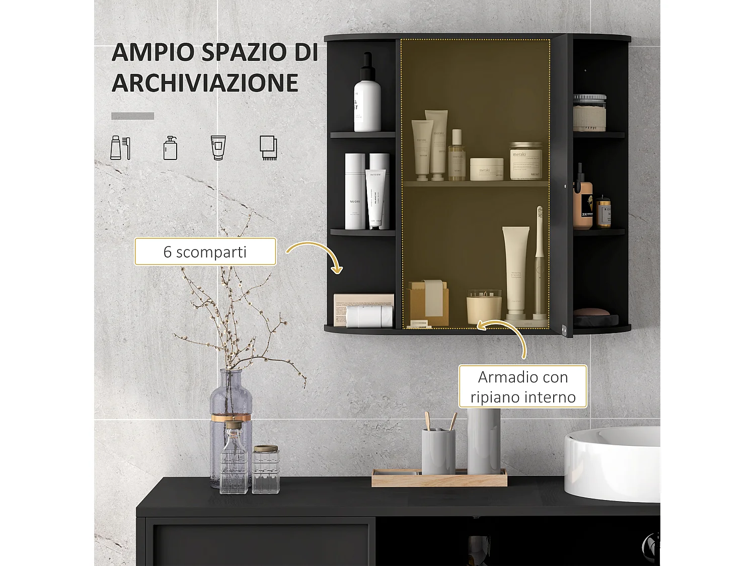 Specchiera bagno a 6 ripiani aperti e 2 chiusi in mdf e vetro nero