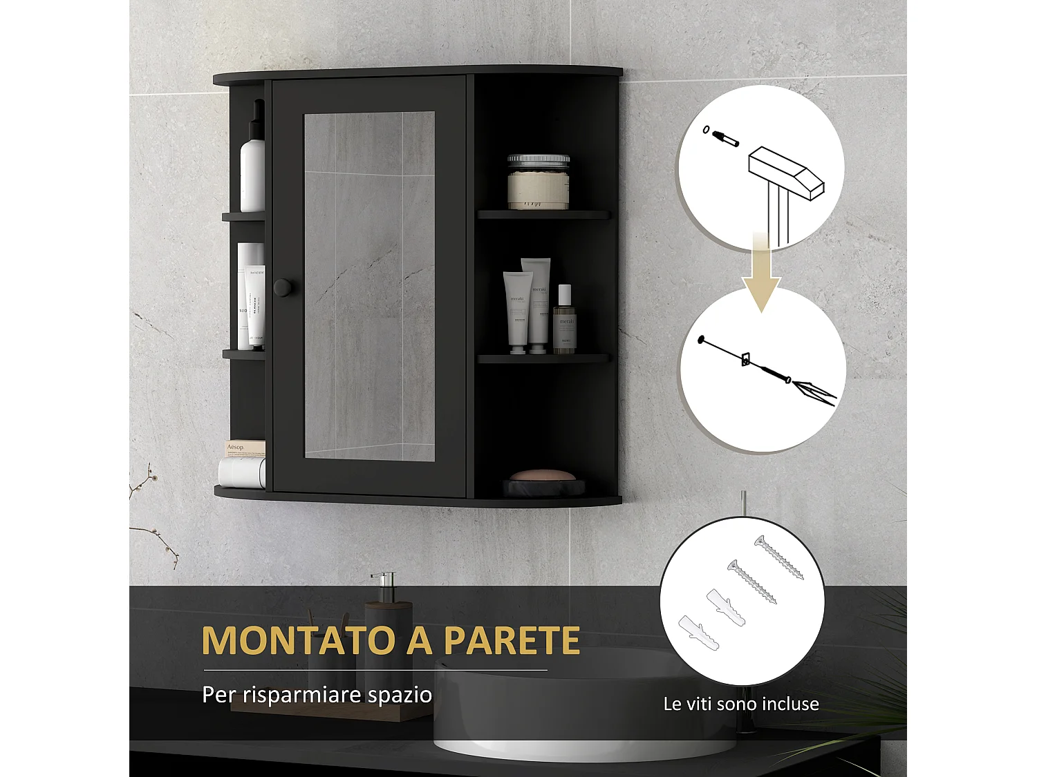 Specchiera bagno a 6 ripiani aperti e 2 chiusi in mdf e vetro nero