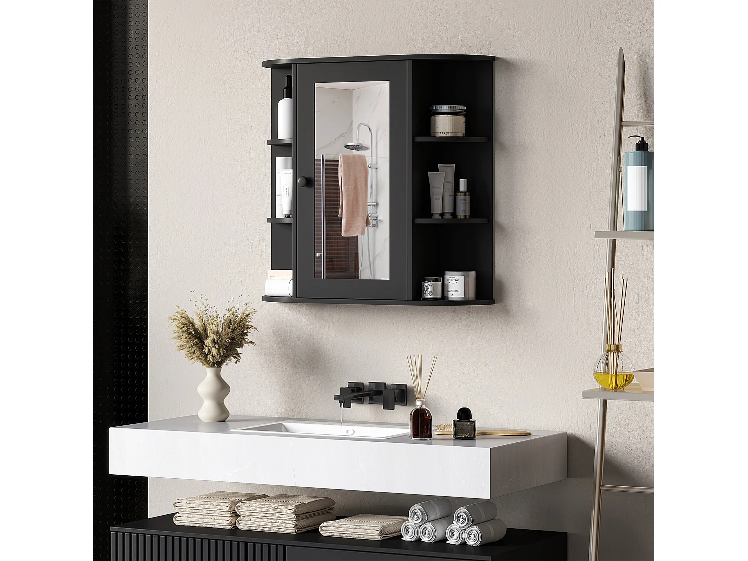 Specchiera bagno a 6 ripiani aperti e 2 chiusi in mdf e vetro nero