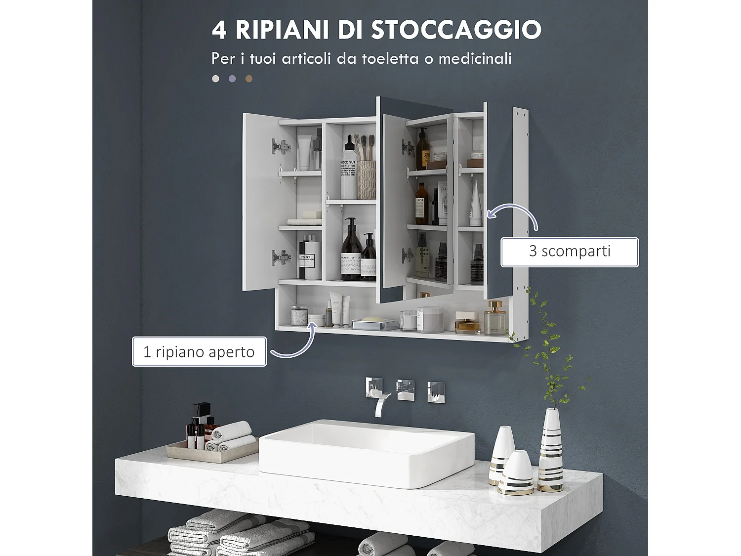 Specchiera bagno con armadietto 3 ante e ripiani regolabili bianco