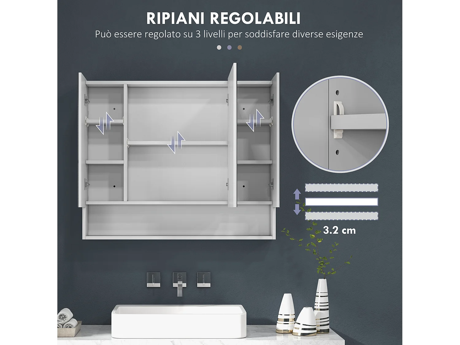 Specchiera bagno con armadietto 3 ante e ripiani regolabili bianco