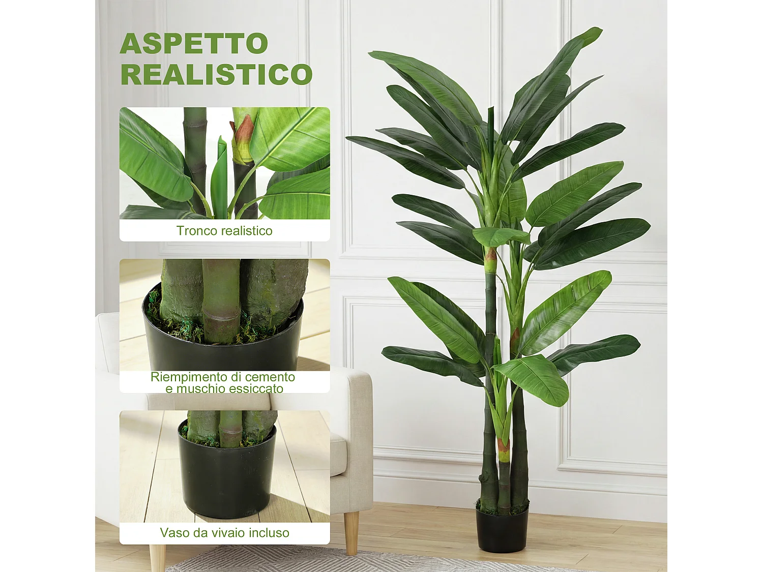 Albero di banano artificiale con 18 foglie in plastica verde