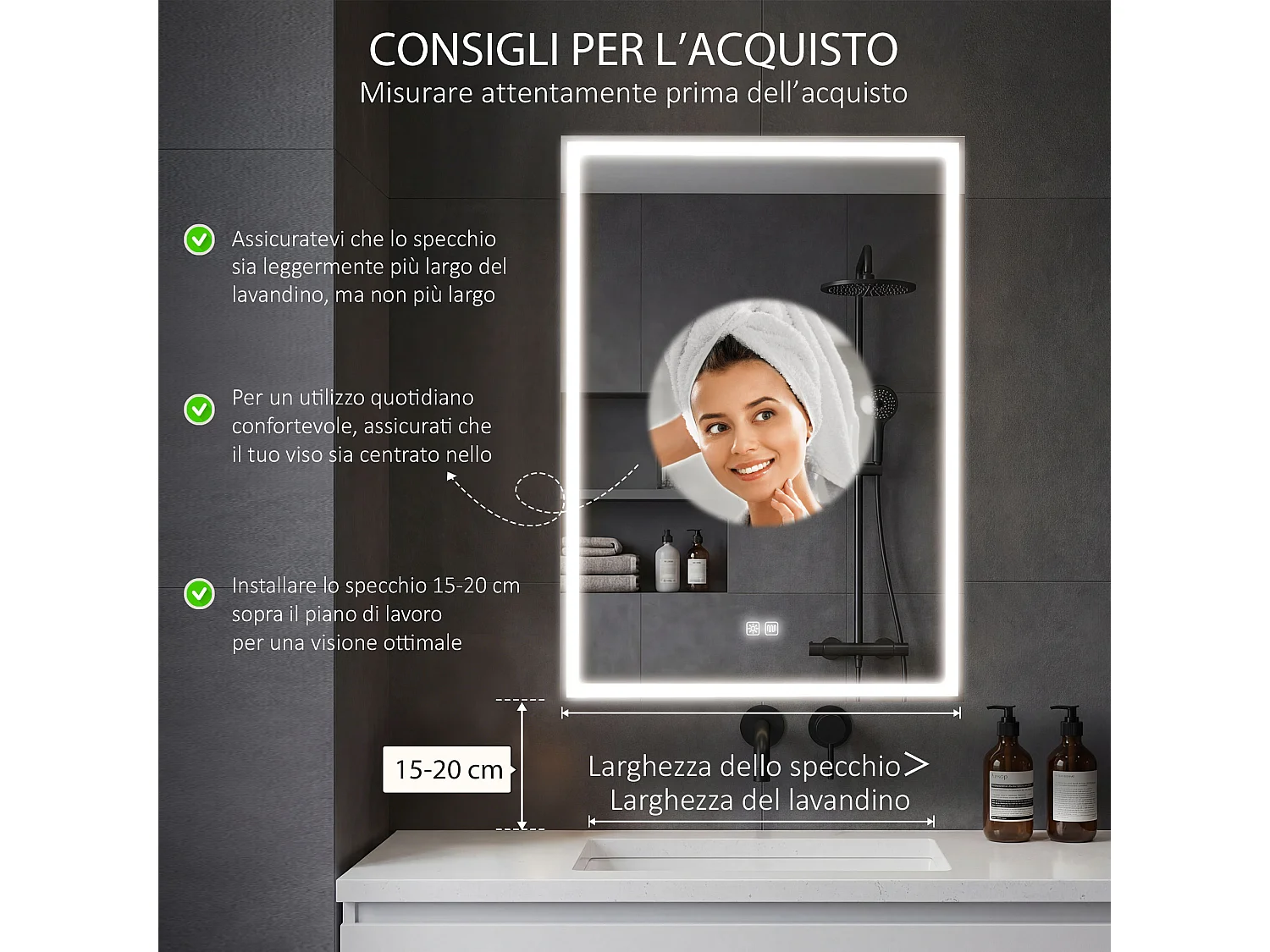 Specchiera bagno con luce regolabile e antiappannamento nero
