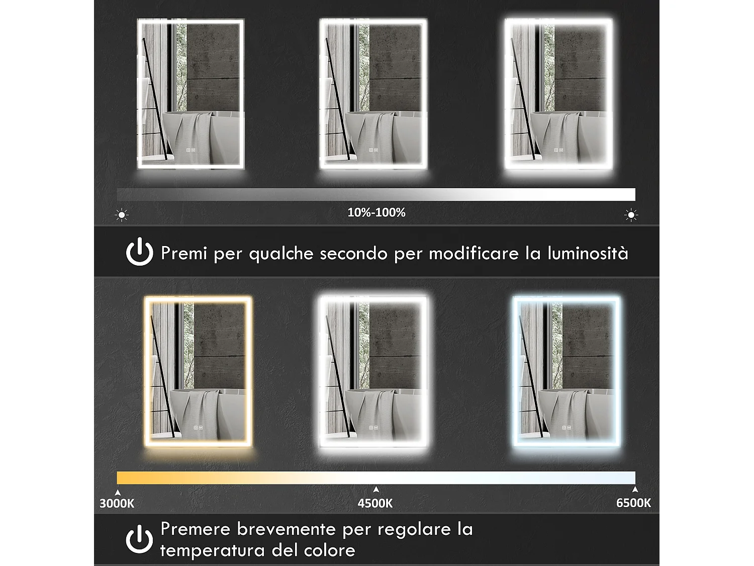 Specchiera bagno con luce regolabile e antiappannamento nero