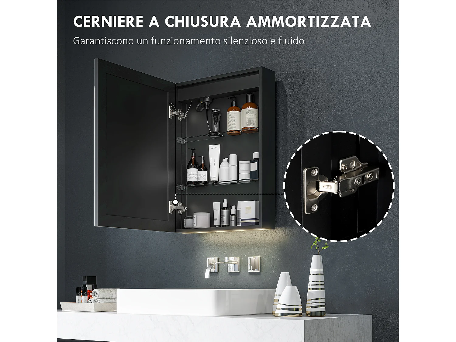 Specchiera bagno con luce regolabile e antiappannamento nero