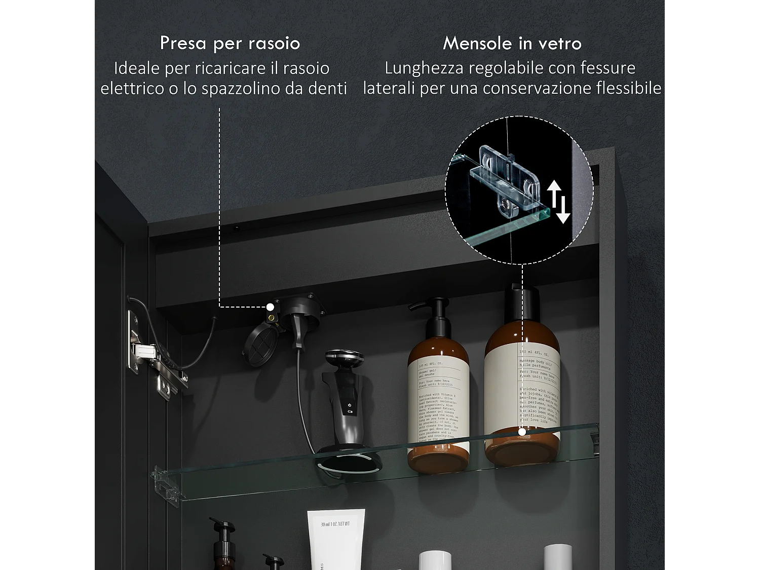 Specchiera bagno con luce regolabile e antiappannamento nero