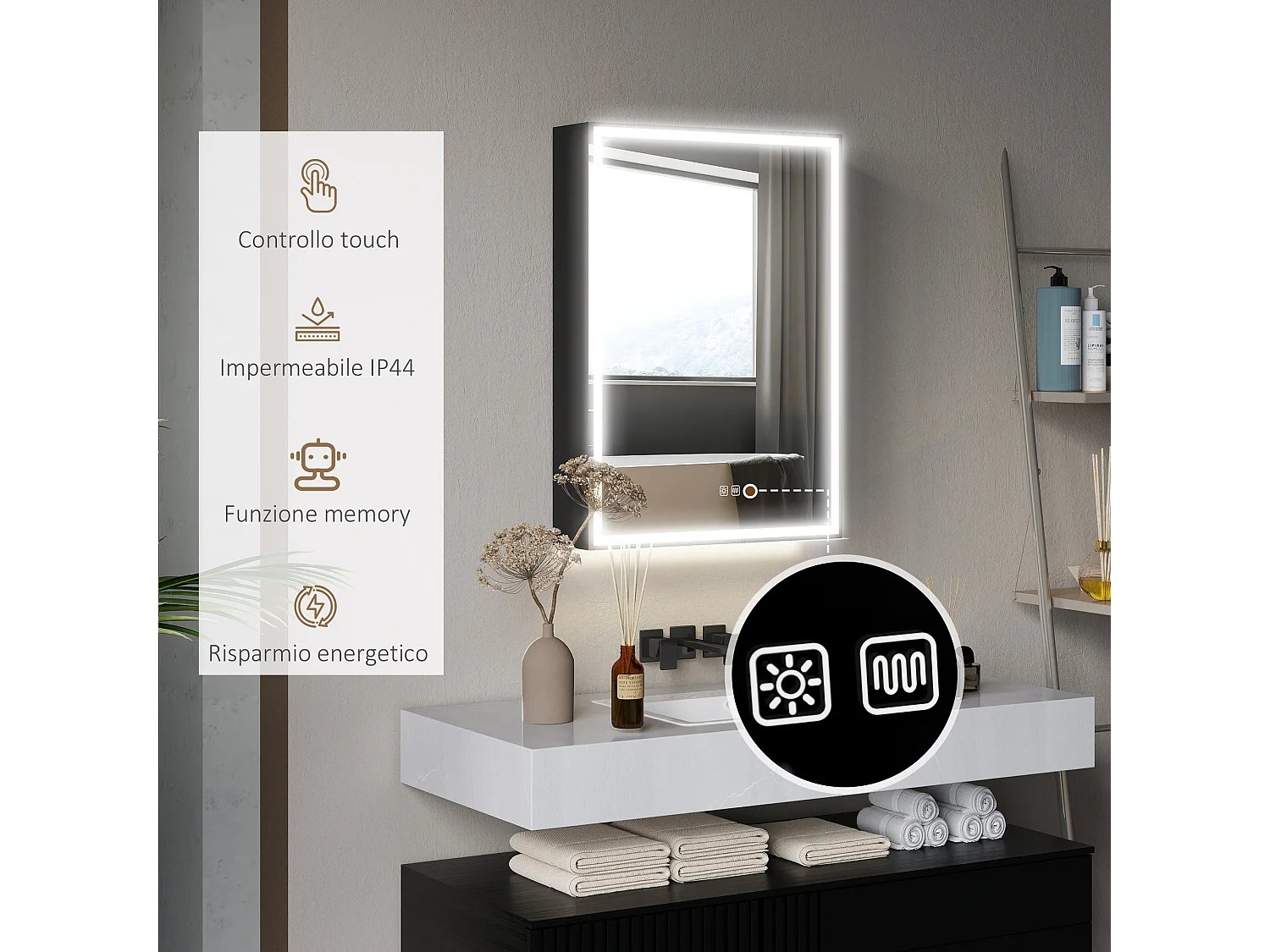 Specchiera bagno con luce regolabile e antiappannamento nero