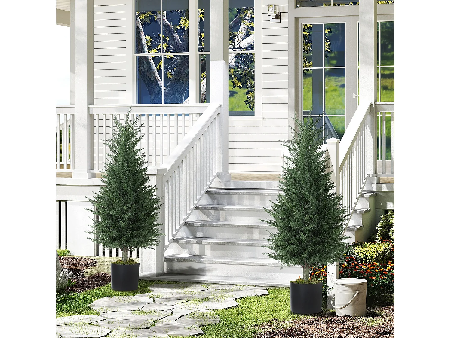 Set 2 piante finte di cipressi anti uv in plastica verde