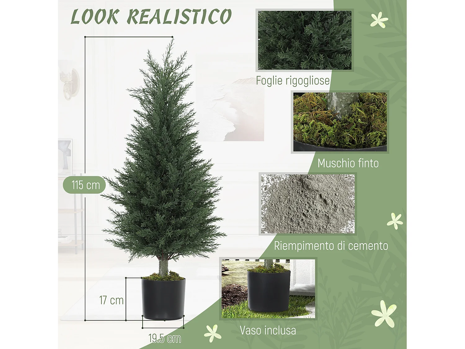 Set 2 piante finte di cipressi anti uv in plastica verde