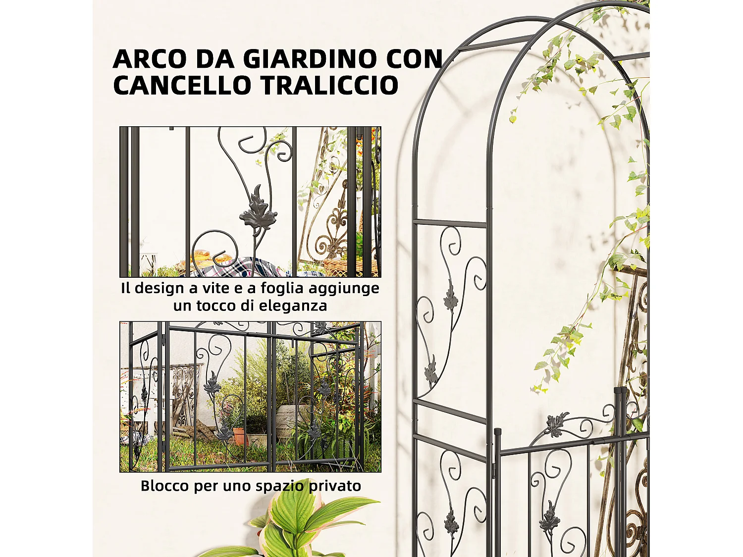 Arco da giardino con cancello 2.2x1 m in metallo nero
