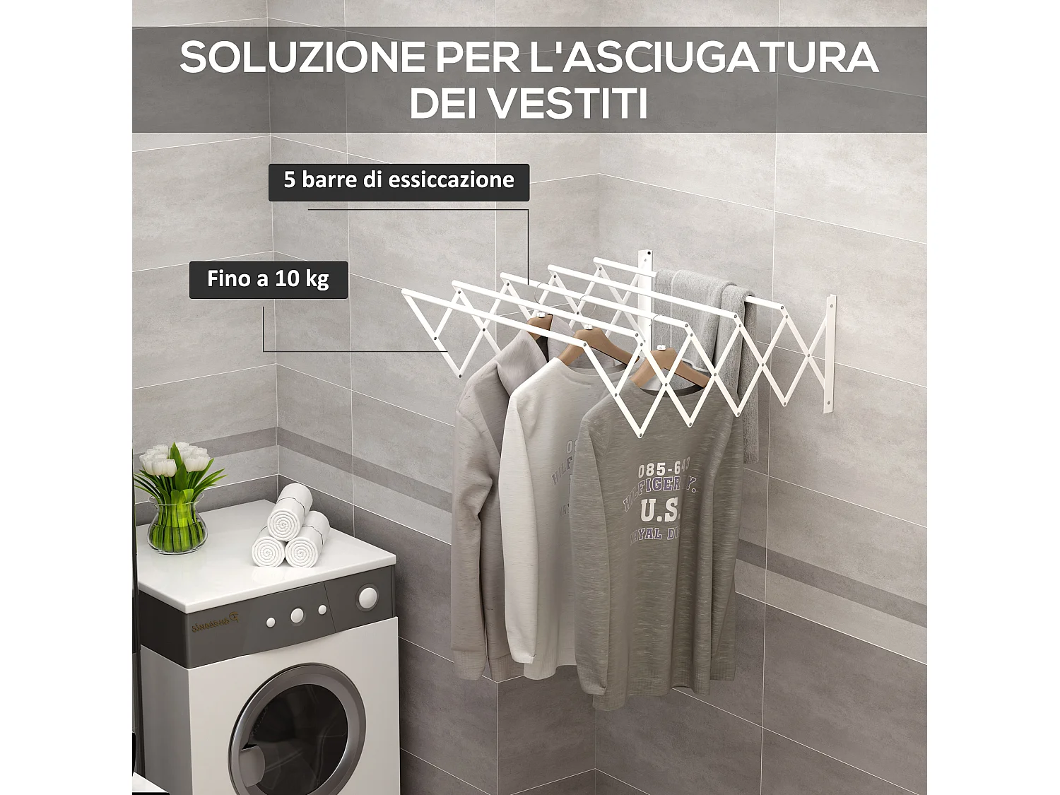 Stendibiancheria a parete retrattile pieghevole in metallo bianco