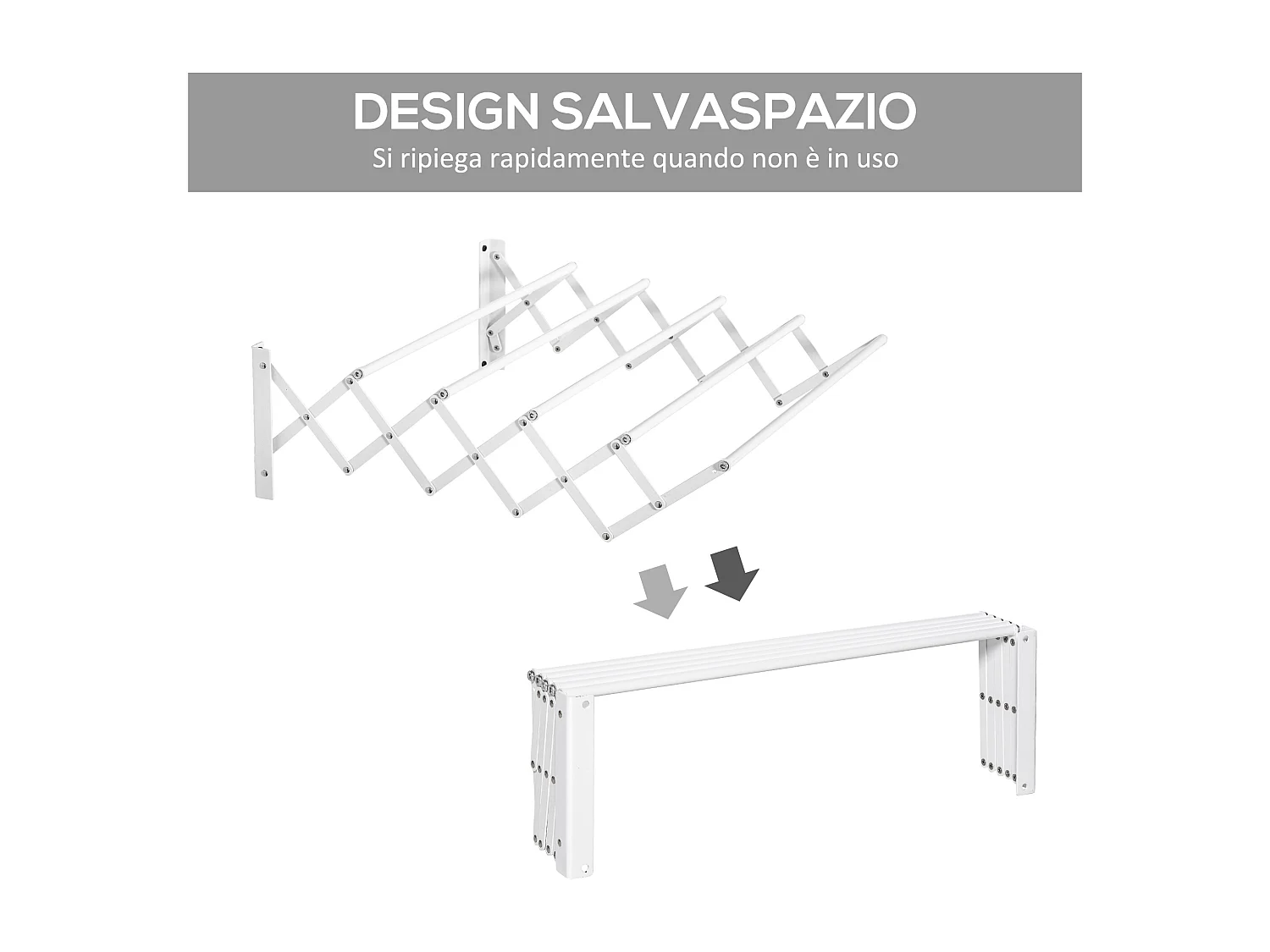Stendibiancheria a parete retrattile pieghevole in metallo bianco