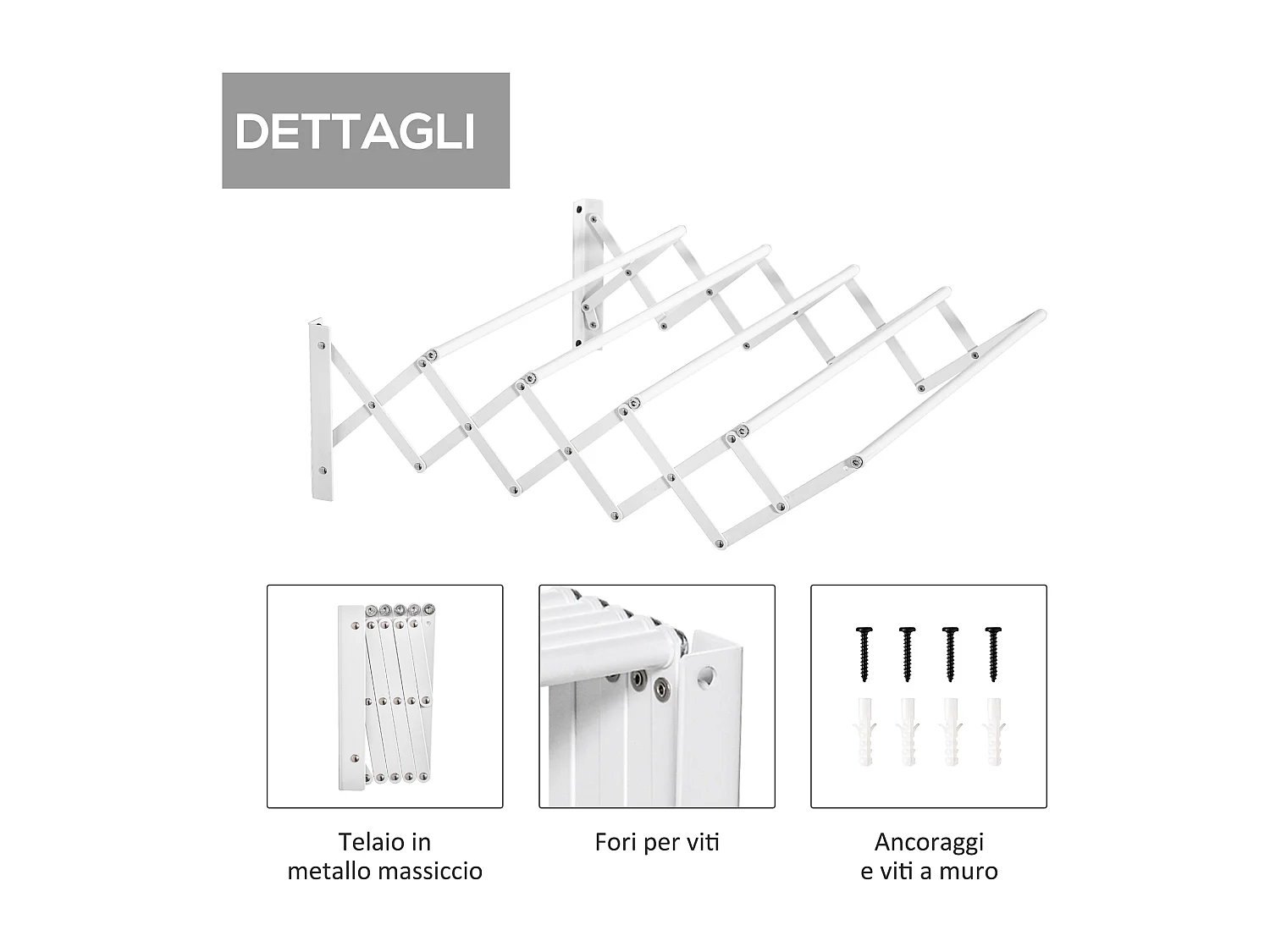 Stendibiancheria a parete retrattile pieghevole in metallo bianco