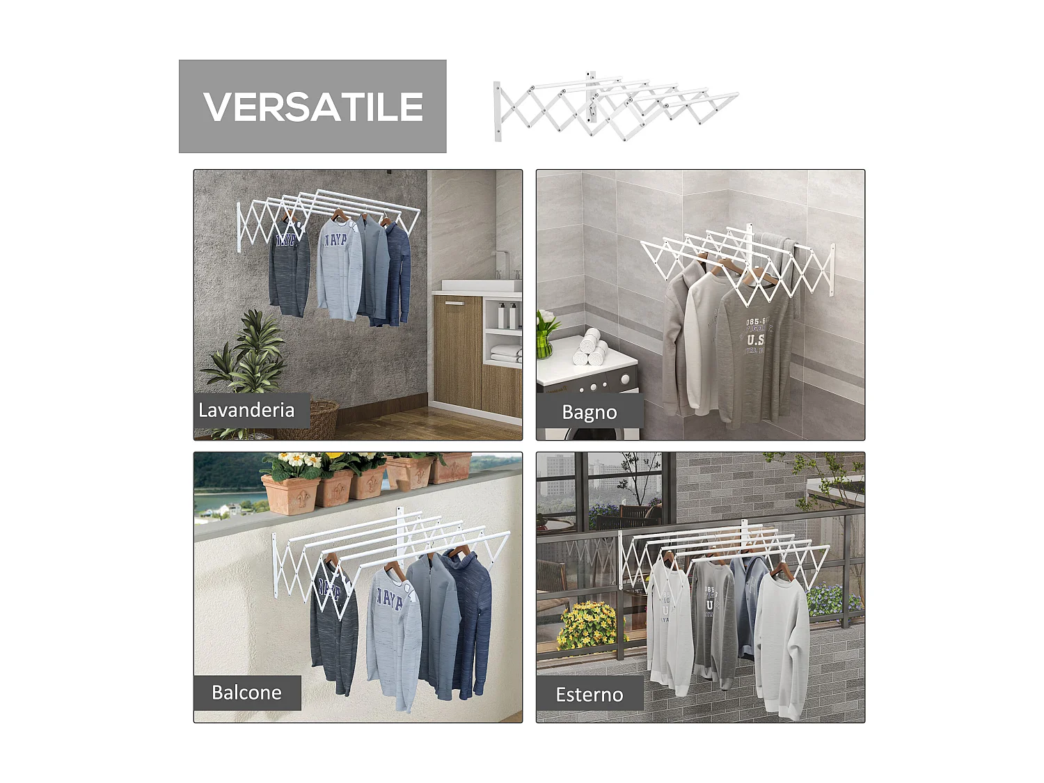 Stendibiancheria a parete retrattile pieghevole in metallo bianco