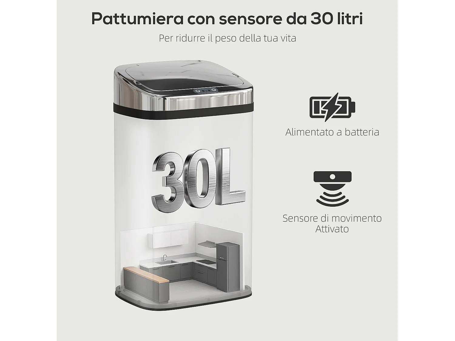 Bidone per rifiuti da 30 litri con apertura e chiusura automatica