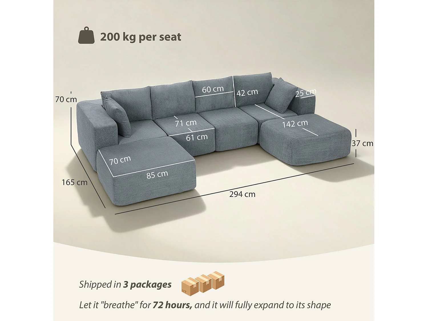Divano modulabile ad angolo effetto velluto grigio scuro 294x165x70 cm