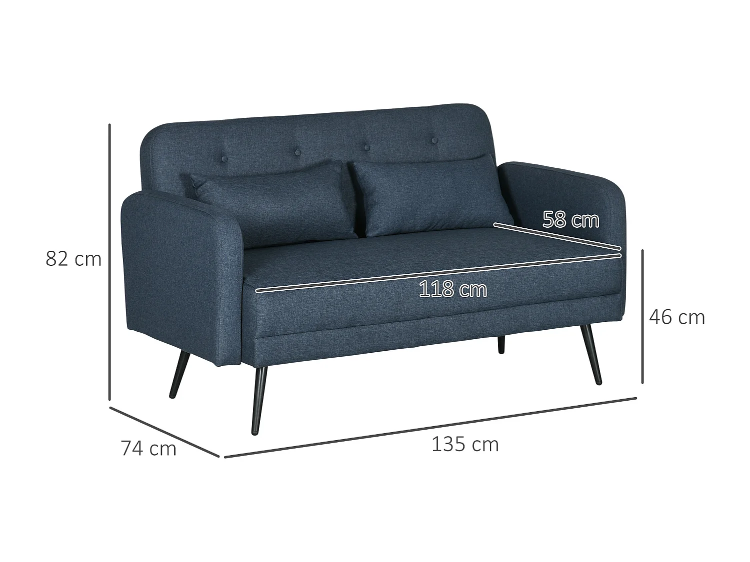 Divano 2 posti con 2 cuscini 135x74x82cm in tessuto blu scuro