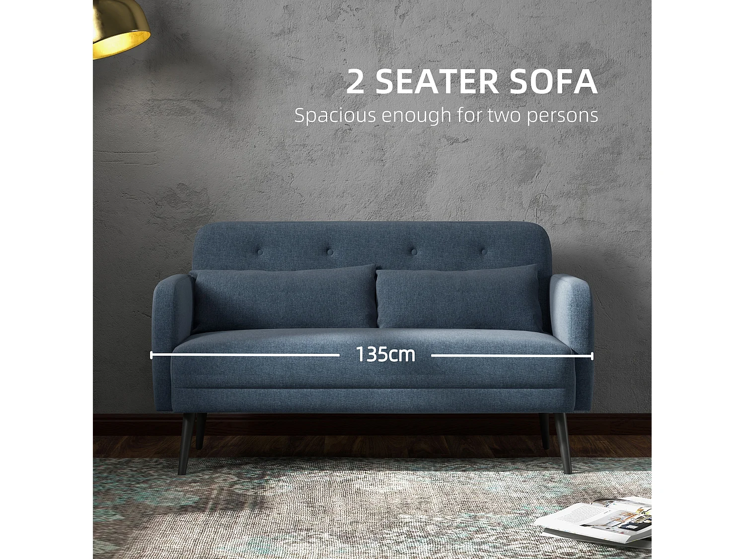 Divano 2 posti con 2 cuscini 135x74x82cm in tessuto blu scuro