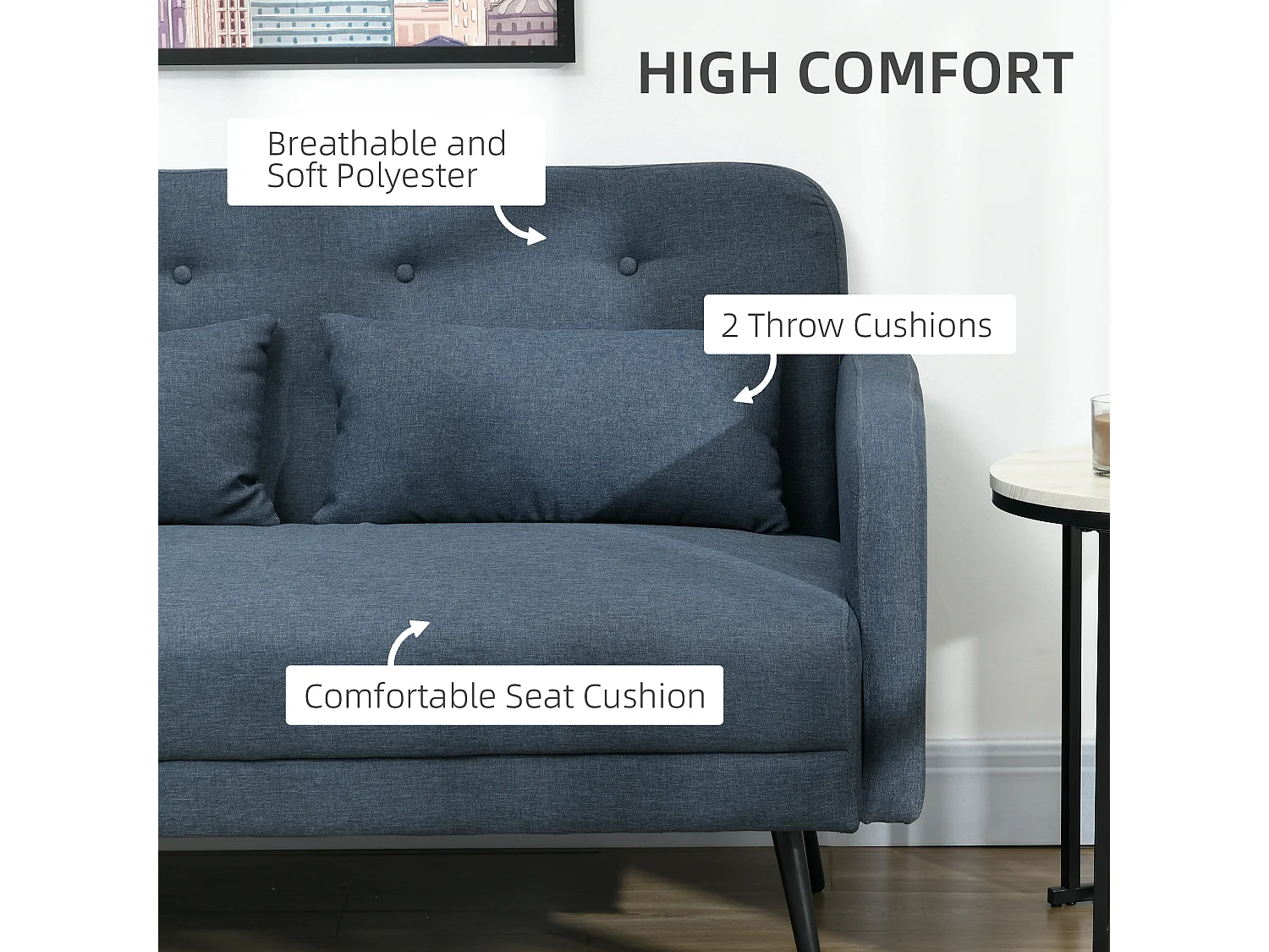 Divano 2 posti con 2 cuscini 135x74x82cm in tessuto blu scuro