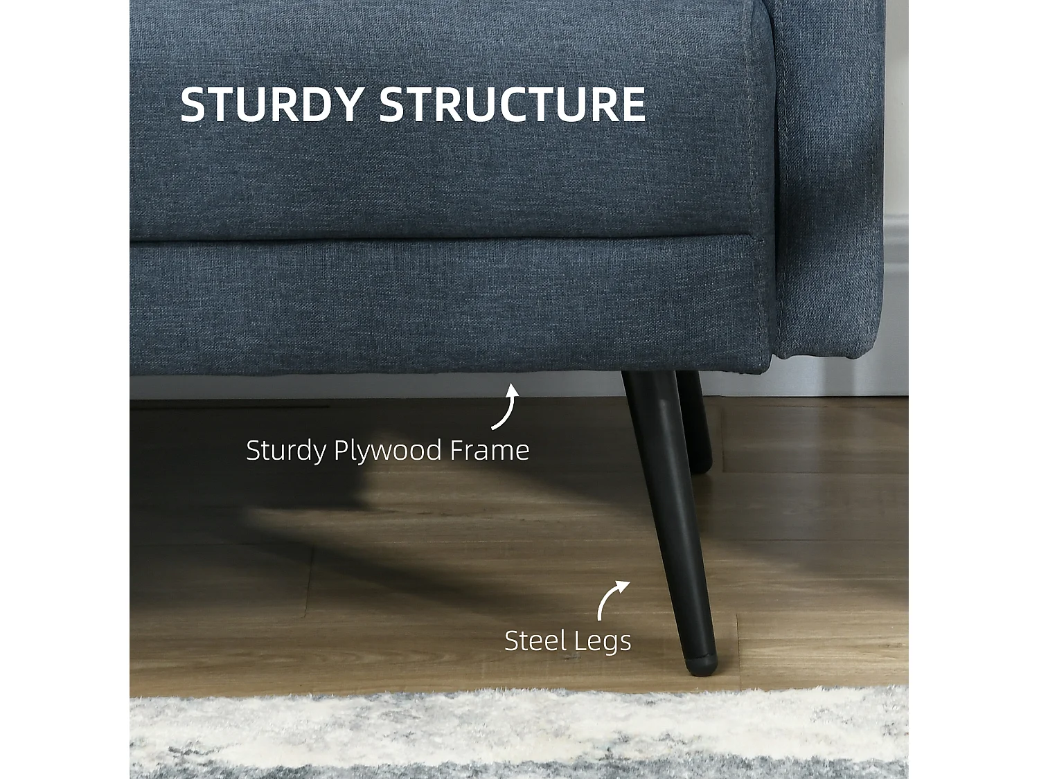 Divano 2 posti con 2 cuscini 135x74x82cm in tessuto blu scuro