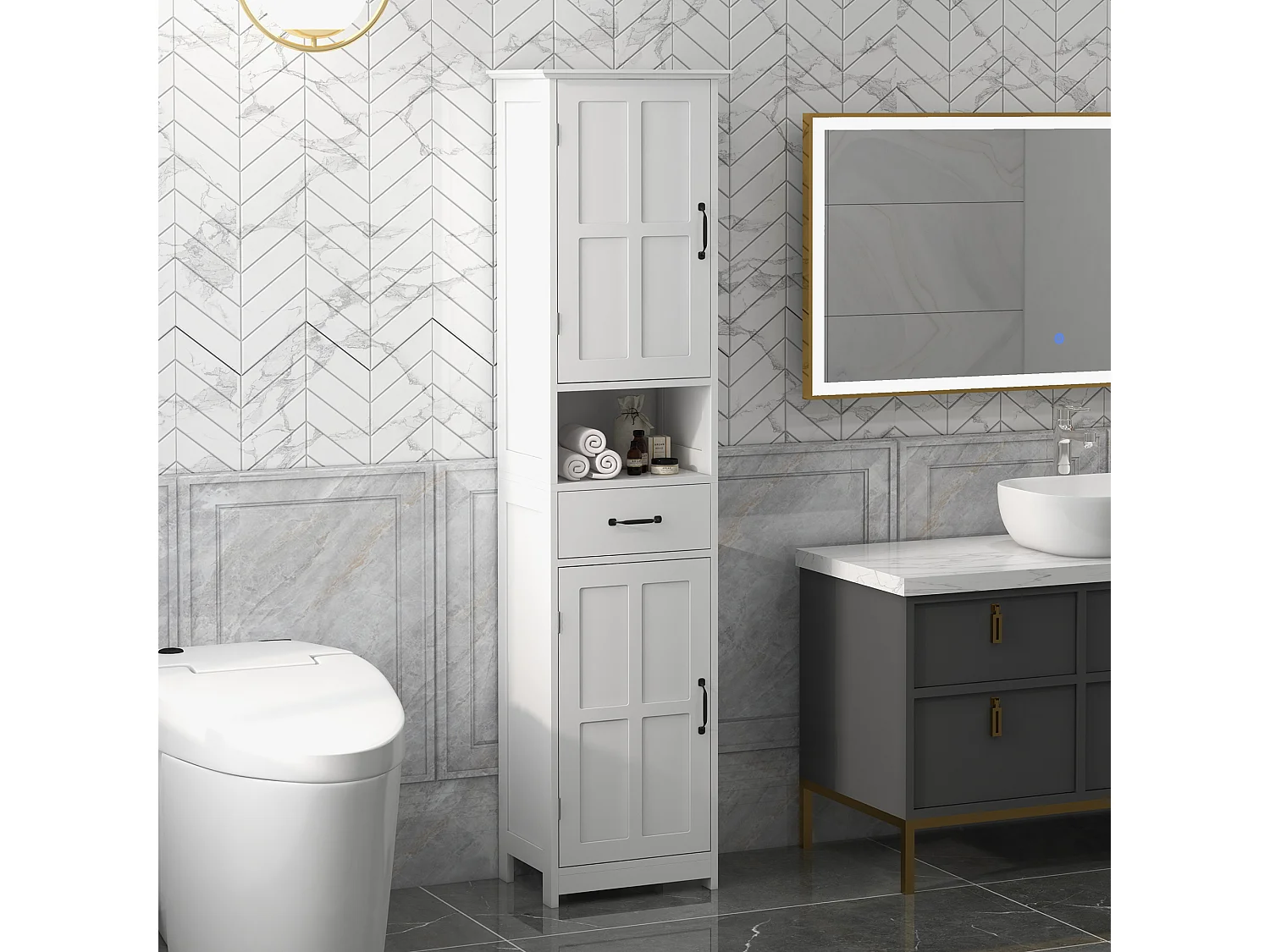 Colonna bagno con mensola aperta, cassetto e 2 armadietti bianco