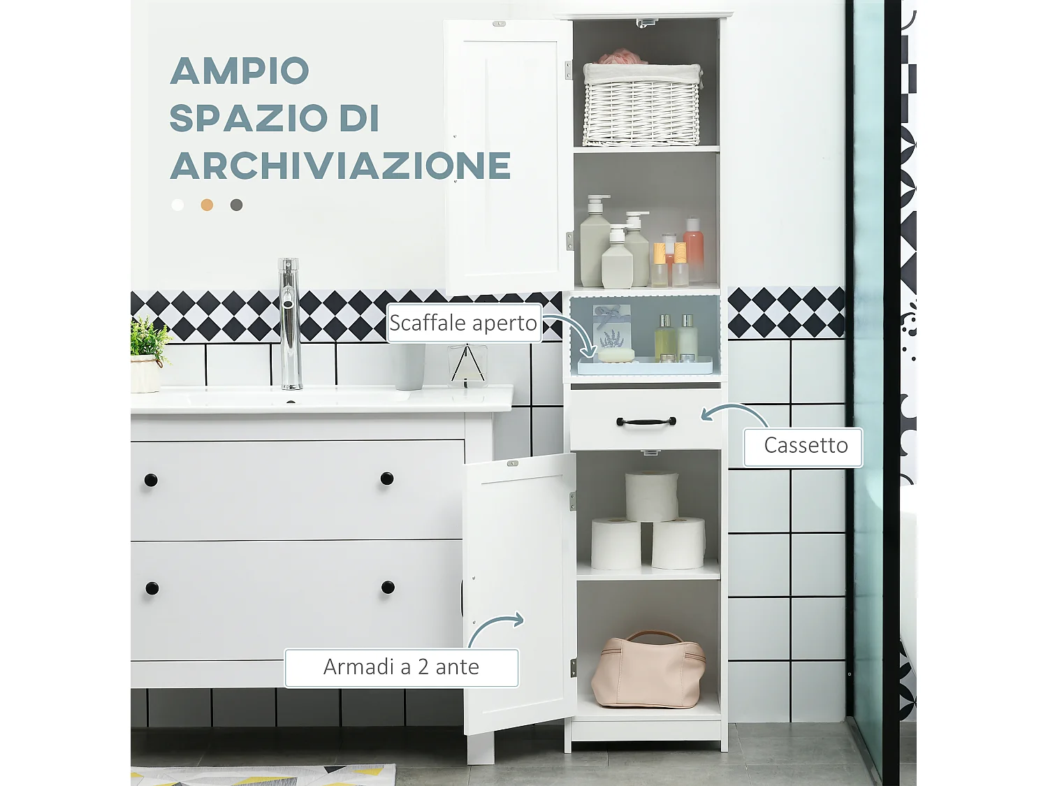 Colonna bagno con mensola aperta, cassetto e 2 armadietti bianco
