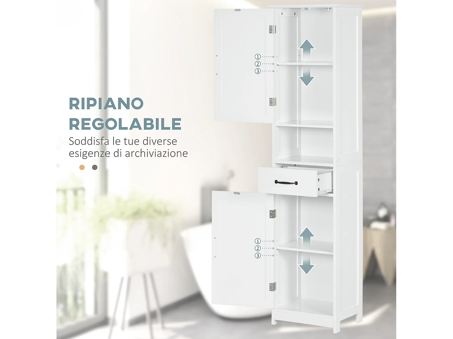 Colonna bagno con mensola aperta, cassetto e 2 armadietti bianco