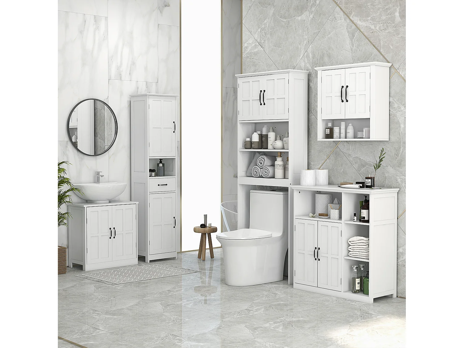 Colonna bagno con mensola aperta, cassetto e 2 armadietti bianco