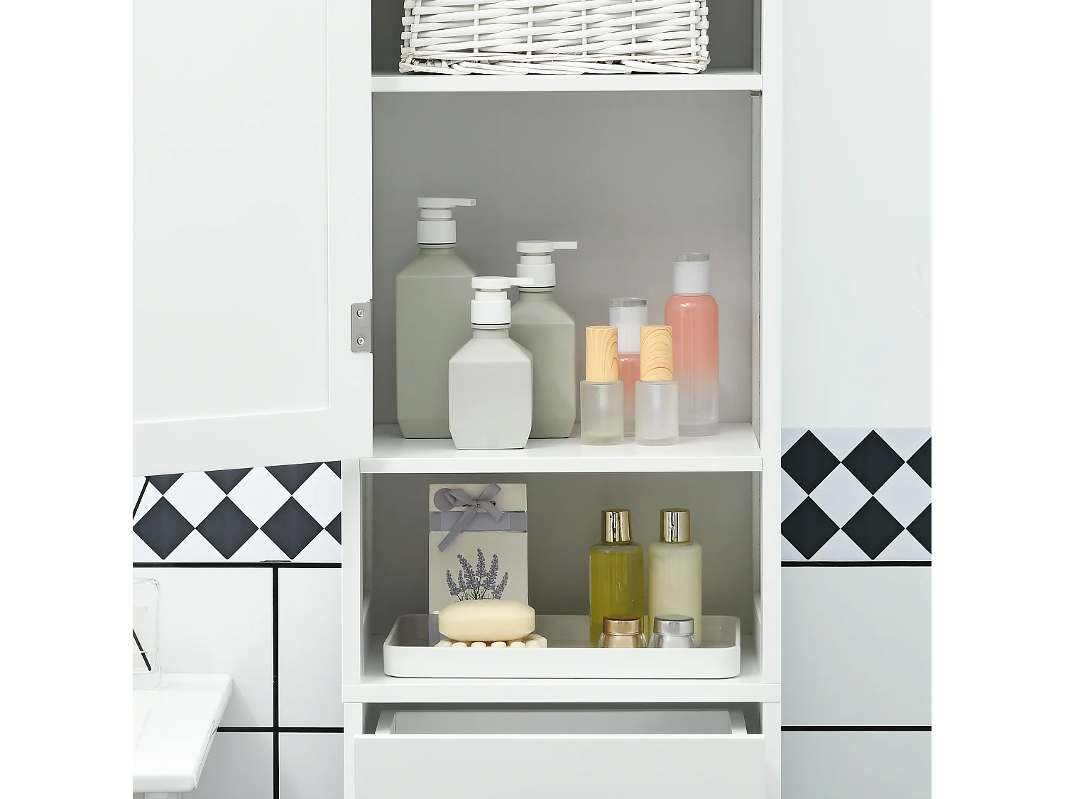 Colonna bagno con mensola aperta, cassetto e 2 armadietti bianco