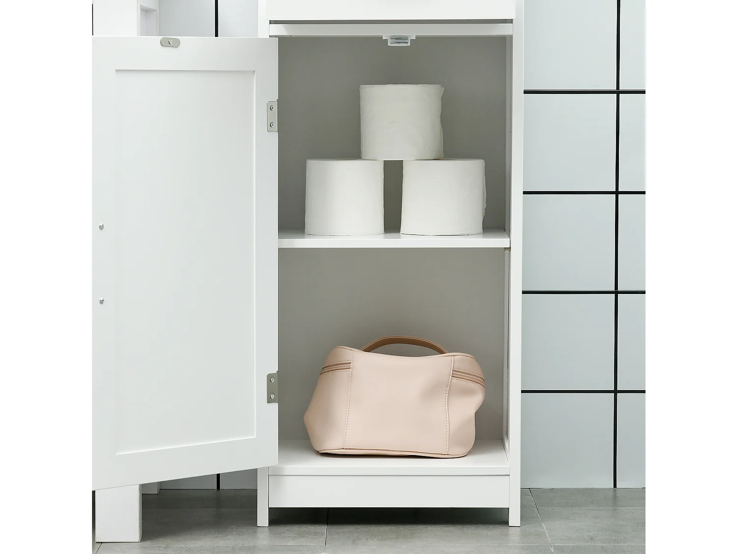 Colonna bagno con mensola aperta, cassetto e 2 armadietti bianco