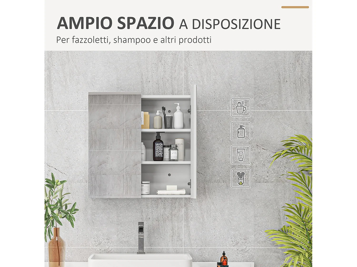 Armadietto a specchio a 3 ripiani interni 60x15x60 cm bianco