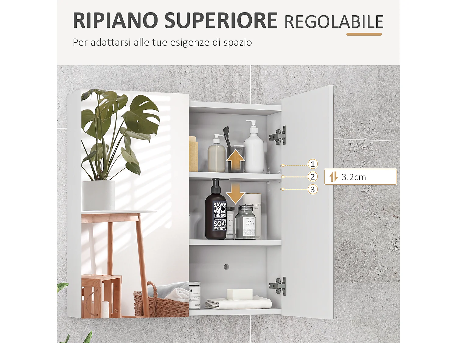 Armadietto a specchio a 3 ripiani interni 60x15x60 cm bianco