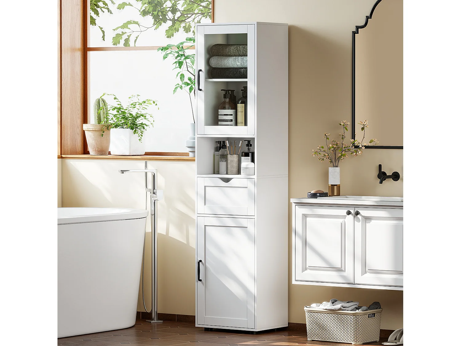 Colonna bagno con armadietti, cassetto e ripiano aperto in mdf bianco