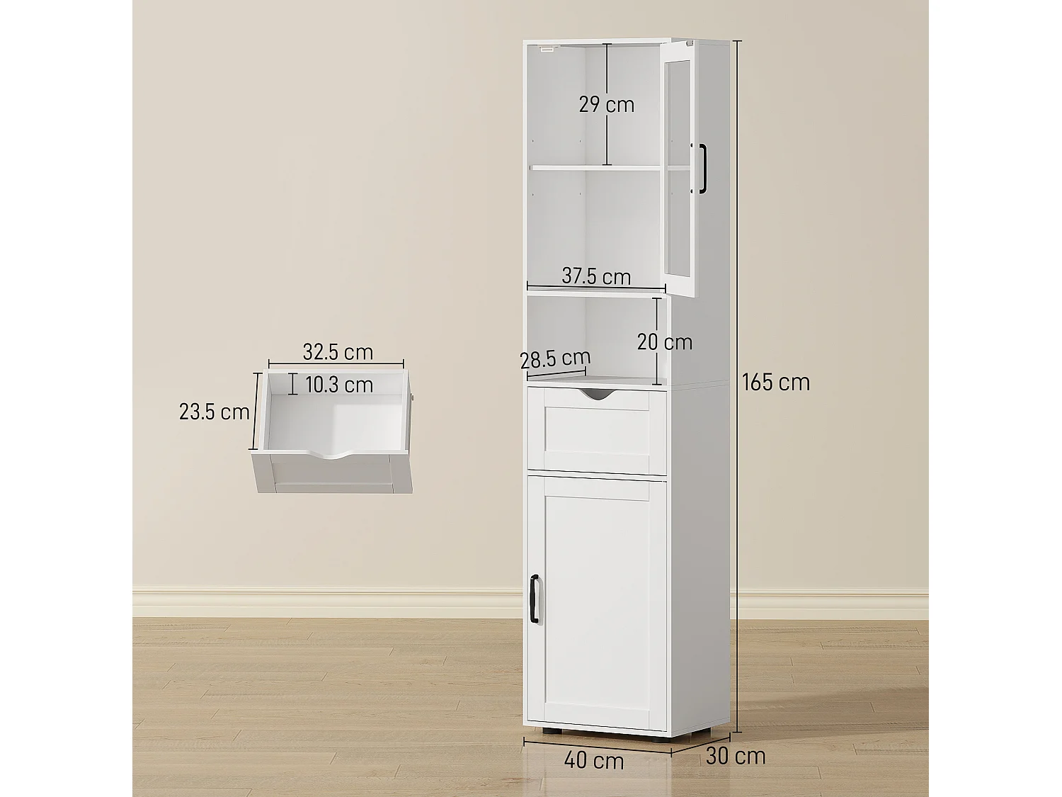 Colonna bagno con armadietti, cassetto e ripiano aperto in mdf bianco